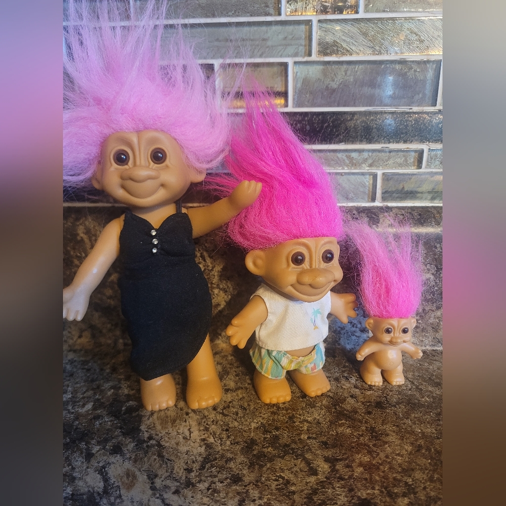 VINTAGE RUSS TROLL DOLLS SET OF 3 PINK HAIR 80S/90S COLLECTOR